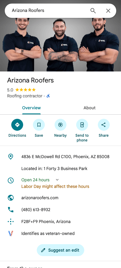 Google Maps listing screenshot for Arizona Roofers