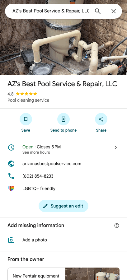 Google Maps listing screenshot for AZ's Best Pool Service & Repair, LLC
