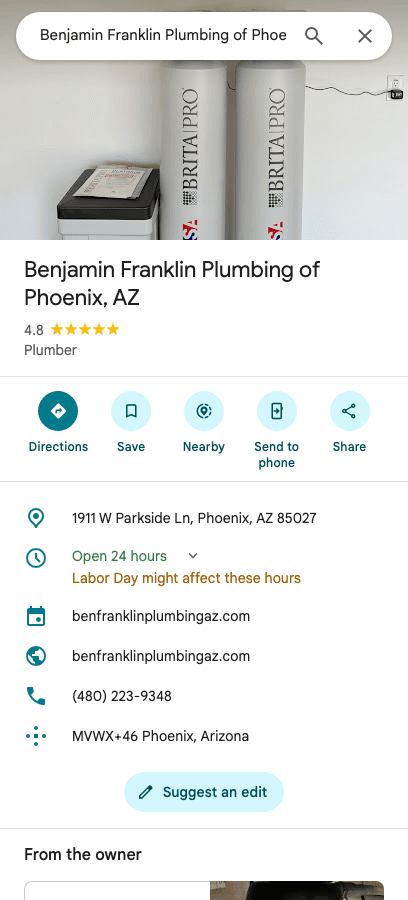 Google Maps listing screenshot for Benjamin Franklin Plumbing of Phoenix, AZ