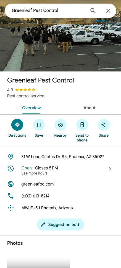 Google Maps listing screenshot for Greenleaf Pest Control