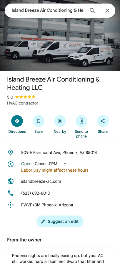 Google Maps listing screenshot for Island Breeze Air Conditioning & Heating LLC