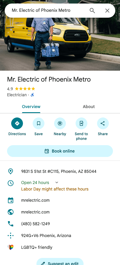 Google Maps listing screenshot for Mr. Electric of Phoenix Metro